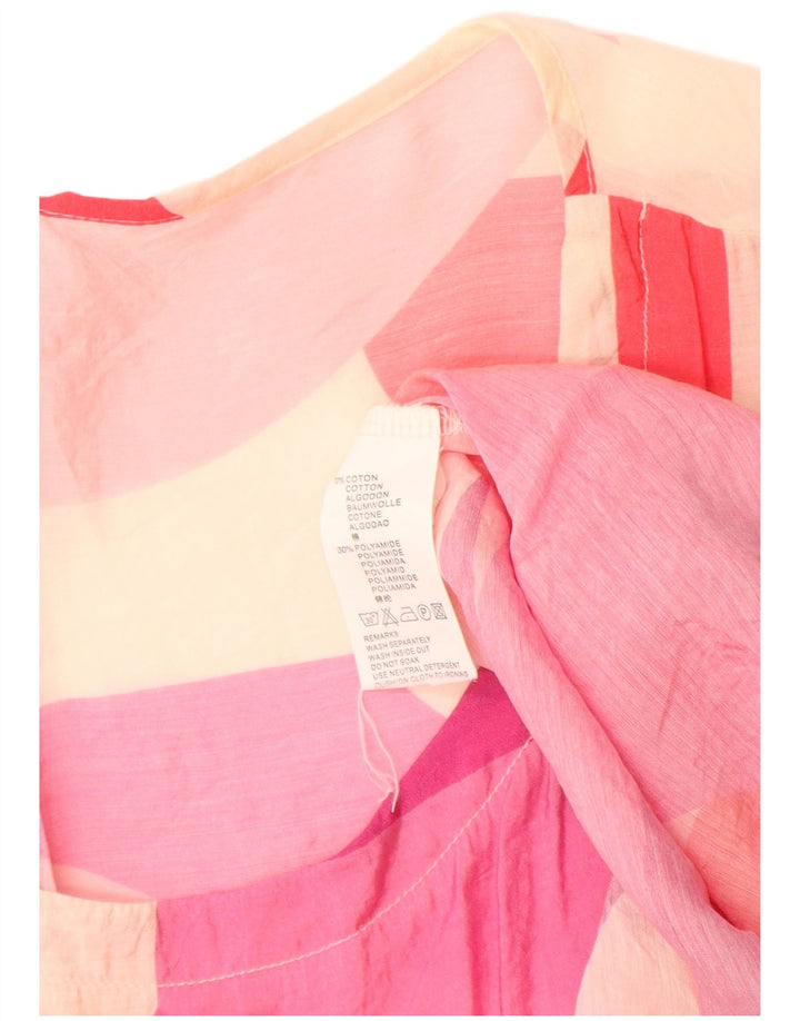 Blusa feminina vintage transparente com estampa gráfica UK 14 bloco colorido rosa médio