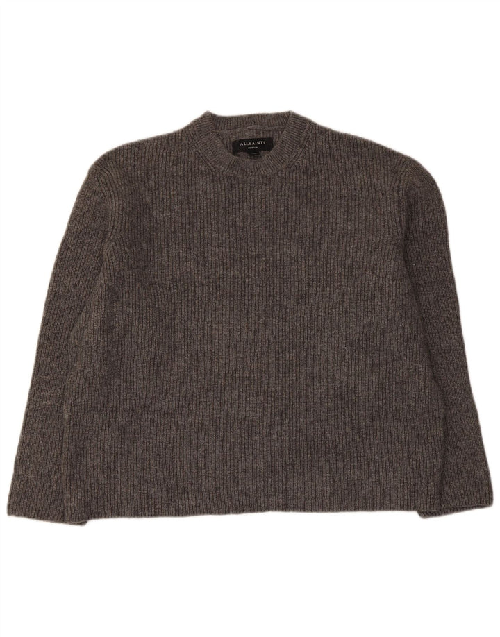 Suéter feminino All Saints com gola redonda grande Reino Unido 14 lã cinza médio