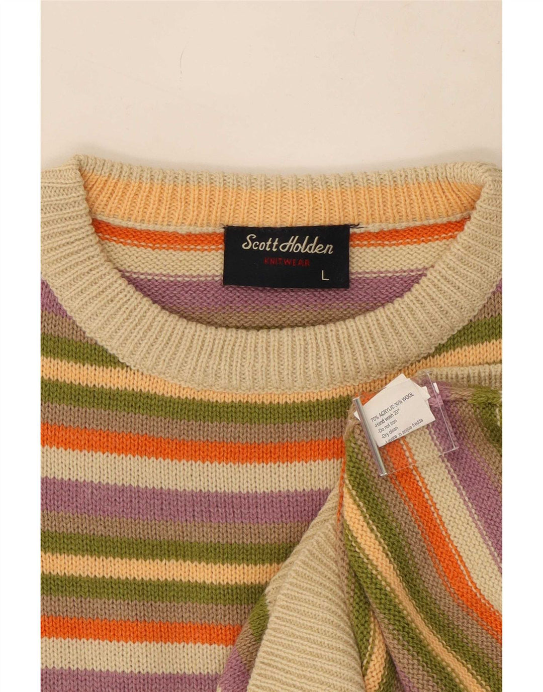 Suéter vintage masculino com gola redonda, grande acrílico listrado multicolorido