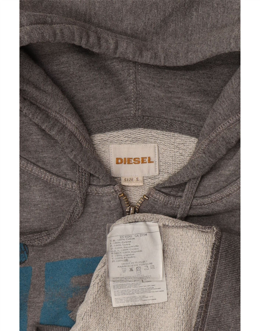 DIESEL Suéter masculino com capuz e zíper gráfico pequeno algodão cinza