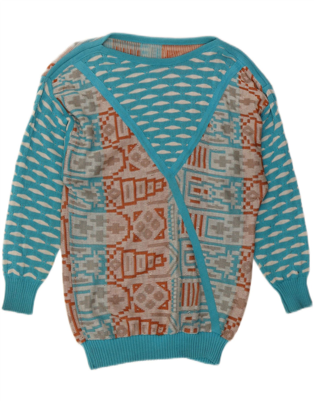 Suéter feminino VINTAGE com gola canoa Reino Unido 14 azul médio geométrico