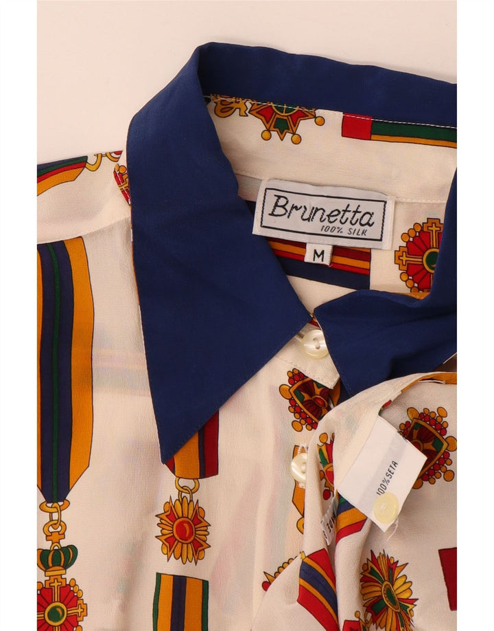 Blusa feminina vintage com estampa abstrata UK 14 bloco colorido branco médio