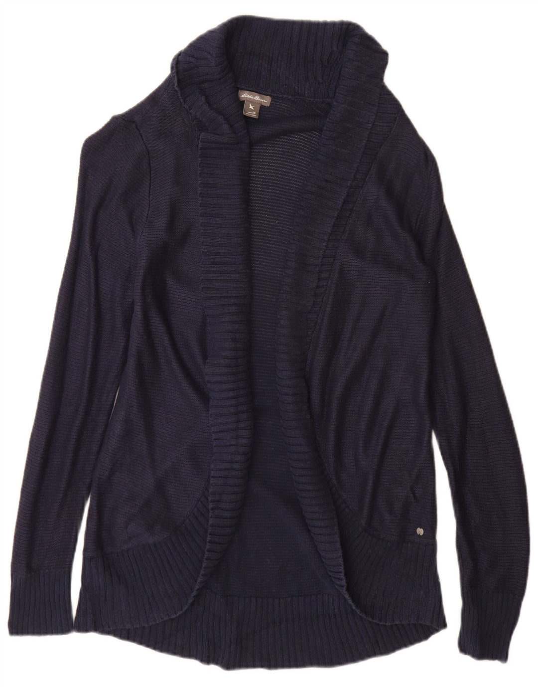 Suéter cardigã aberto feminino Eddie Bauer Reino Unido 12 médio azul marinho rayon