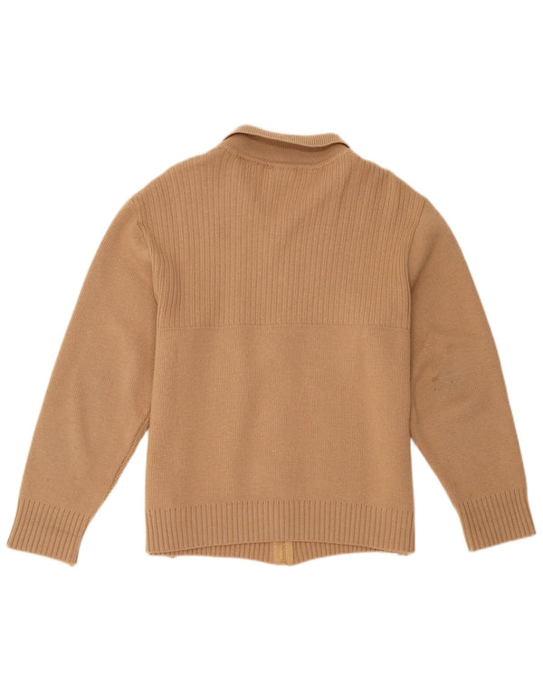 Suéter cardigã feminino vintage Reino Unido 12 bloco colorido marrom médio