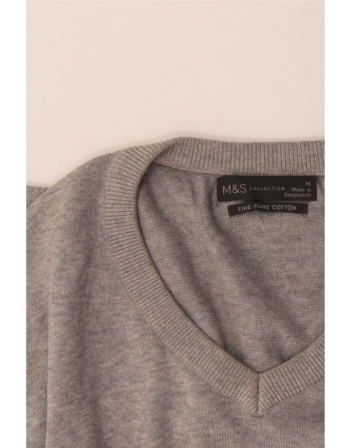 Suéter masculino Marks & Spencer com decote em V, algodão manchado cinza médio