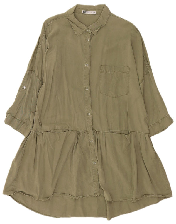 Vestido camisa feminino Zara manga 3/4 Batwing UK 18 XL cáqui