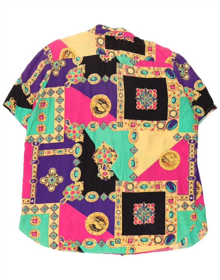 Blusa feminina vintage de manga curta UK 20 2XL patchwork multicolorido