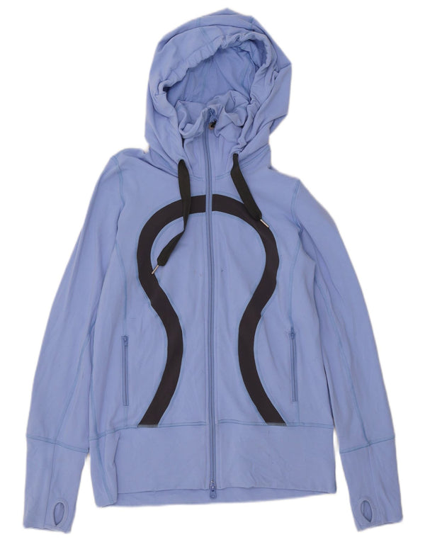 Lululemon Suéter feminino com capuz e zíper gráfico EUA 8 nylon azul médio