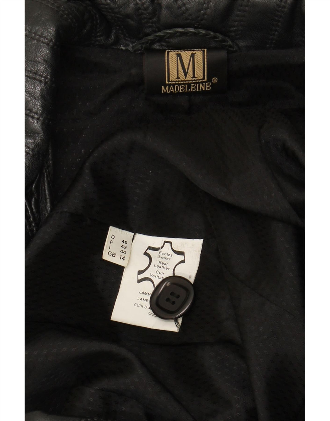 Casaco de couro feminino MADELEINE Reino Unido 14 grande couro preto