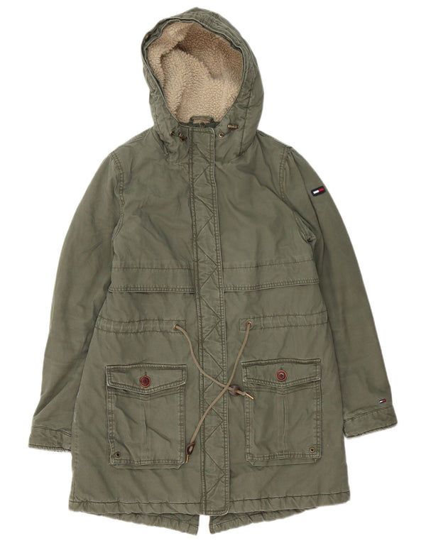 Jaqueta feminina Tommy Hilfiger com capuz Sherpa Parka Reino Unido 14 algodão verde médio