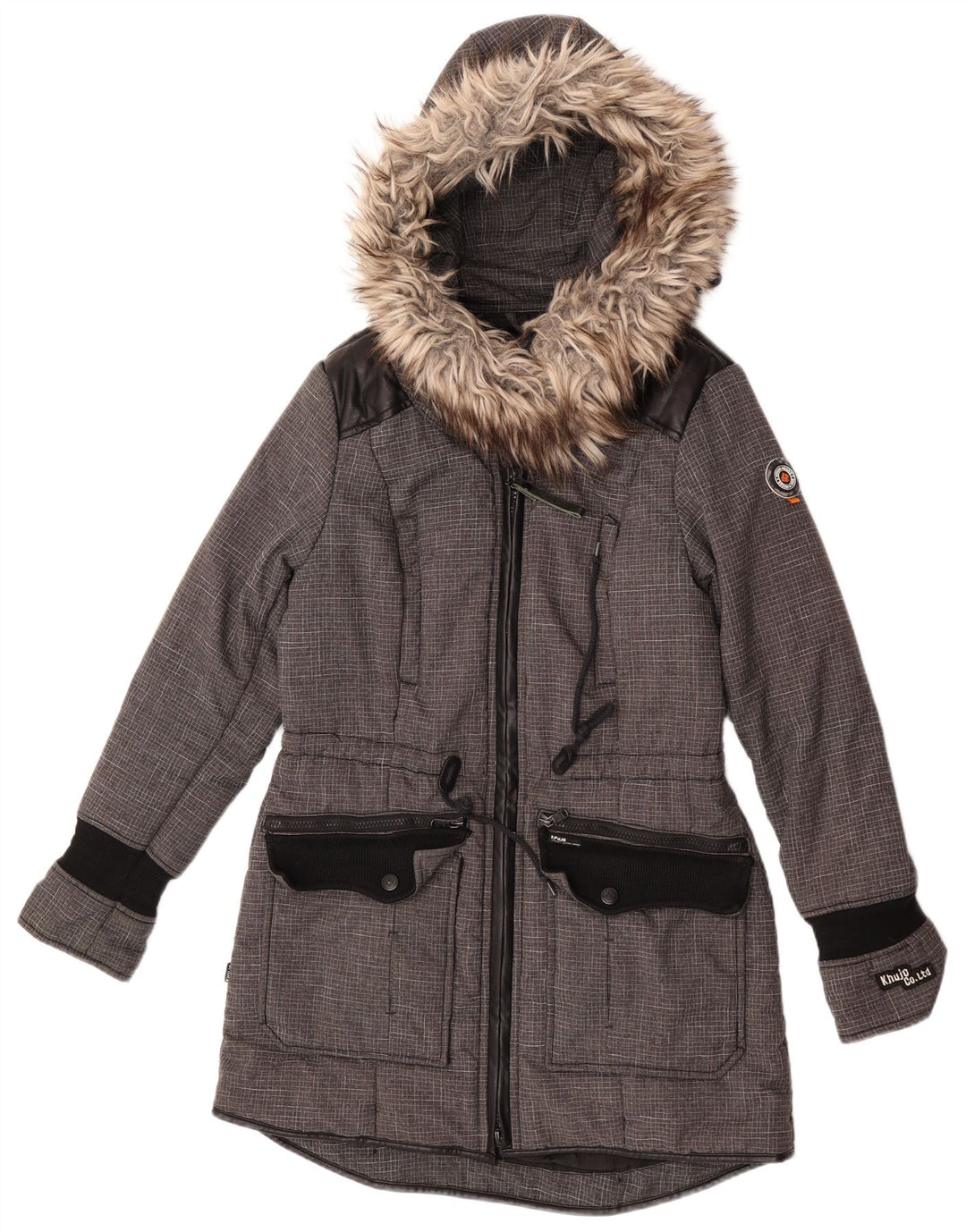 Jaqueta parka feminina com capuz KHUJO Reino Unido 14 poliéster colorblock cinza médio