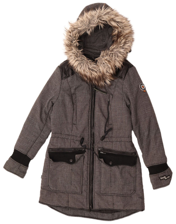 Jaqueta parka feminina com capuz KHUJO Reino Unido 14 poliéster colorblock cinza médio