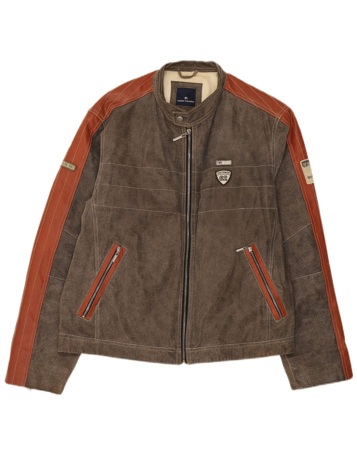 Jaqueta masculina de camurça Tom Tailor UK 44 2XL marrom couro colorblock
