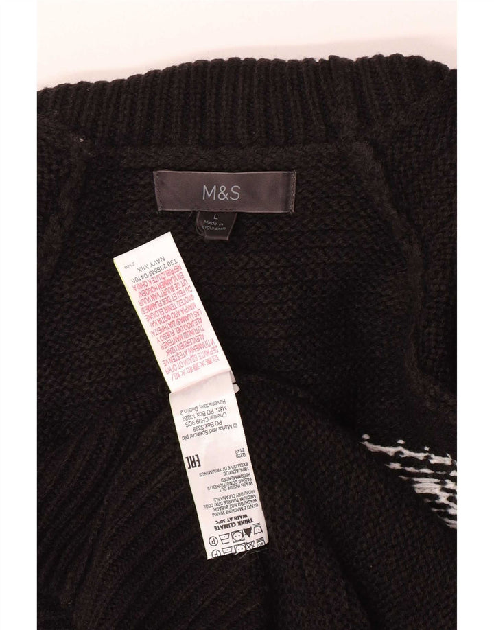 Suéter masculino Marks & Spencer com gola redonda grande preto Fair Isle acrílico