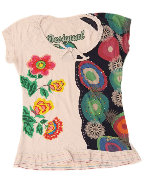 Camiseta feminina Desigual com estampa gráfica UK 14 grande algodão floral branco