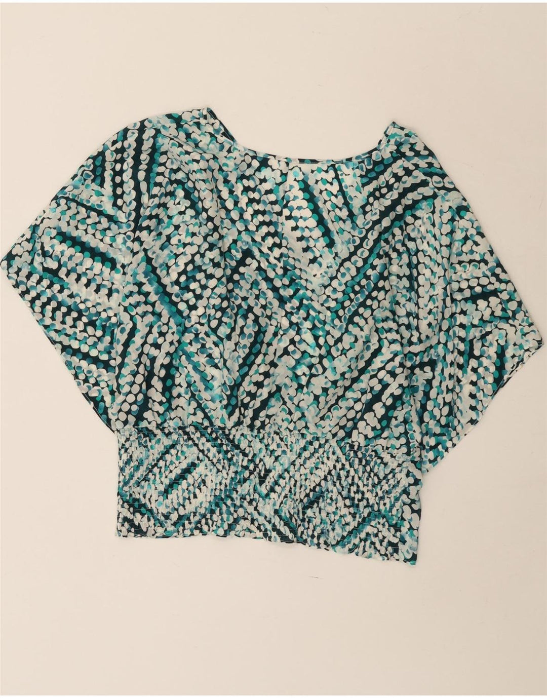 Blusa feminina vintage Batwing Top UK 14 azul médio geométrico