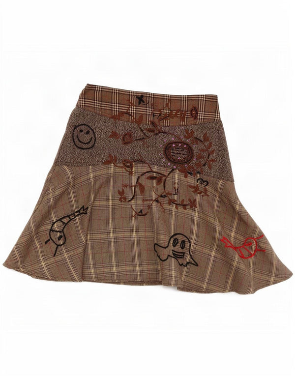 Saia feminina Desigual A-Line EU 38 Pequeno W28 Poliéster xadrez marrom