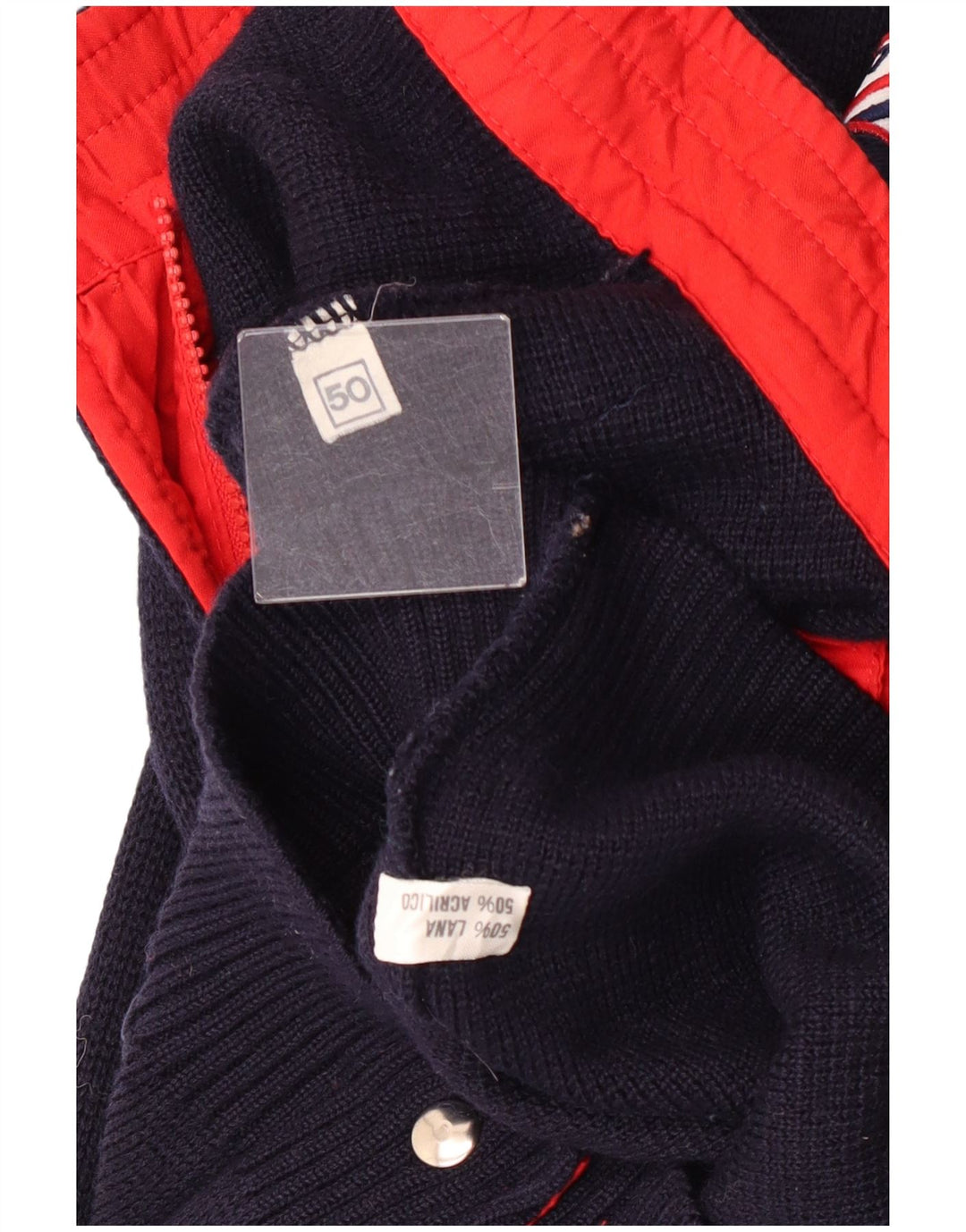 Suéter cardigã masculino vintage IT 50 lã colorblock azul marinho médio