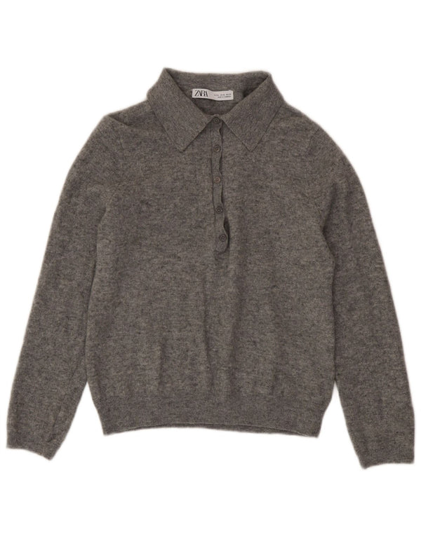 Zara Suéter feminino com gola polo e gola polo UK 18 XL lã manchada cinza