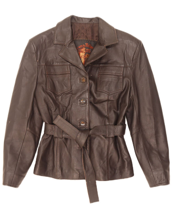 Jaqueta de couro feminina vintage UK 10 pequena marrom
