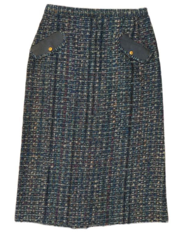 Saia reta feminina vintage W28 xadrez azul médio