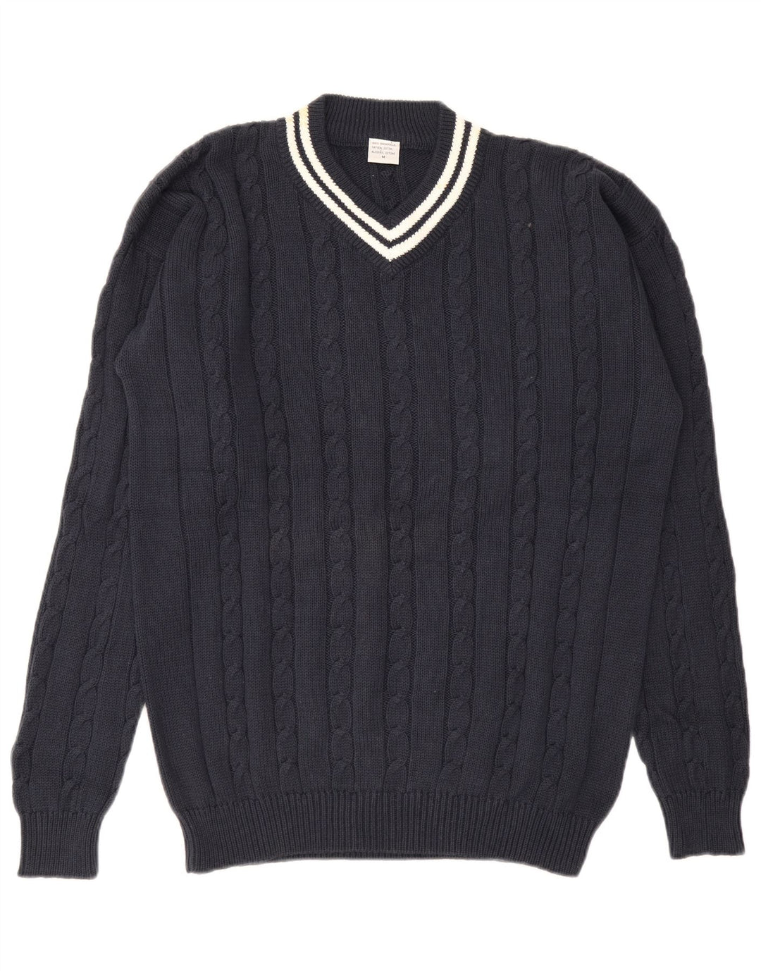 Suéter masculino vintage com decote em V, algodão azul marinho médio