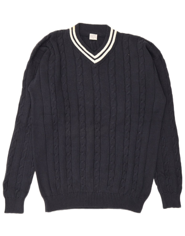 Suéter masculino vintage com decote em V, algodão azul marinho médio