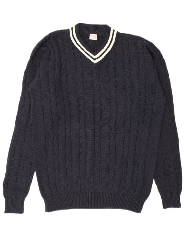 Suéter masculino vintage com decote em V, algodão azul marinho médio