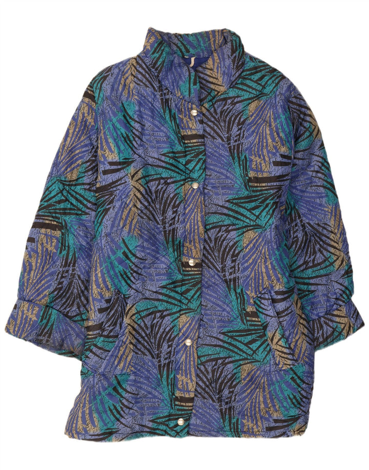 Vintage feminino padrão abstrato casaco acolchoado ajuste relaxado Reino Unido 12 azul médio