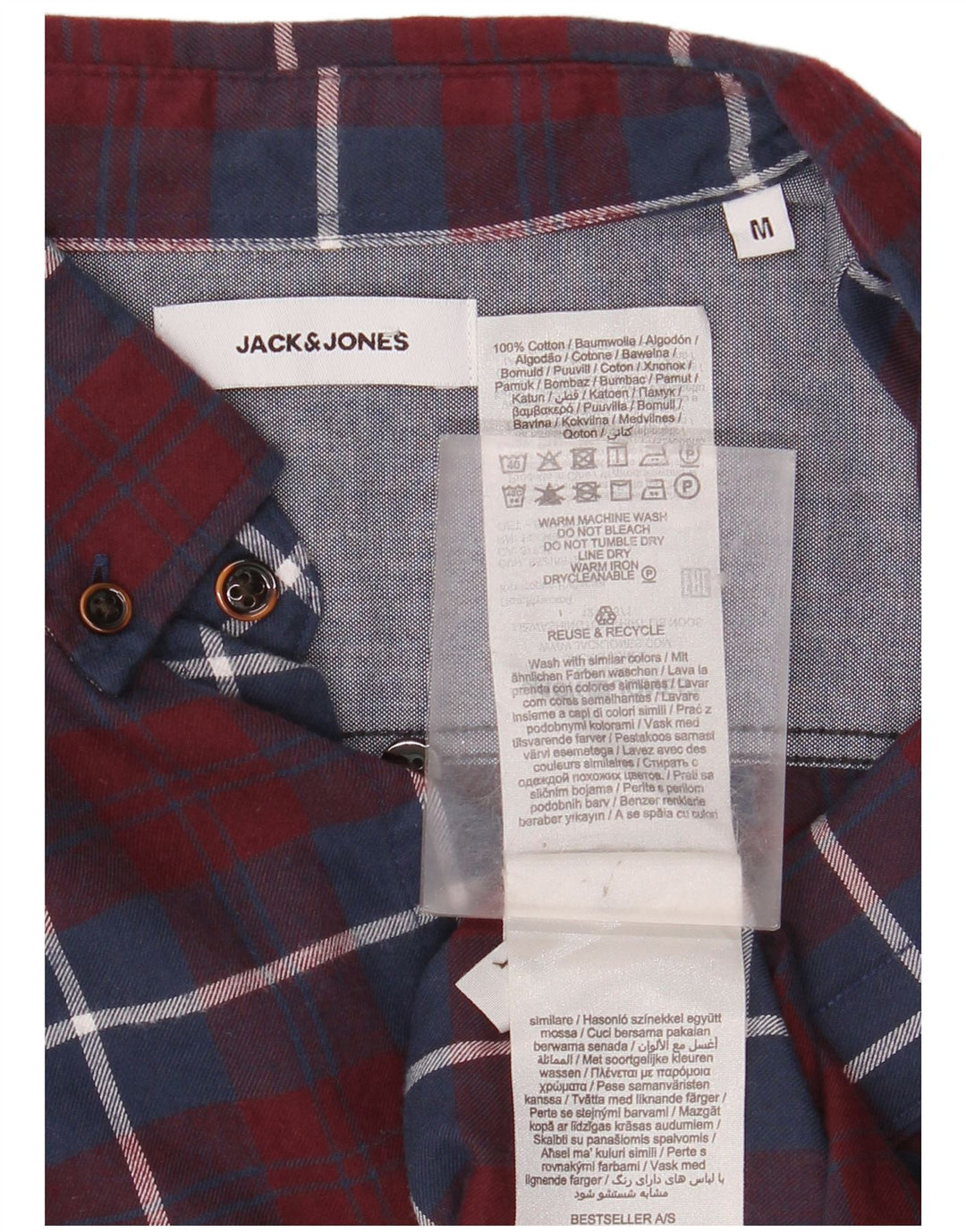 Camisa masculina de flanela JACK & JONES, algodão xadrez médio cor de vinho