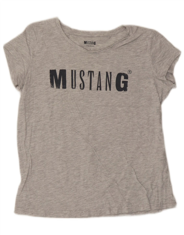 Camiseta feminina MUSTANG com estampa gráfica UK 14 algodão manchado cinza médio