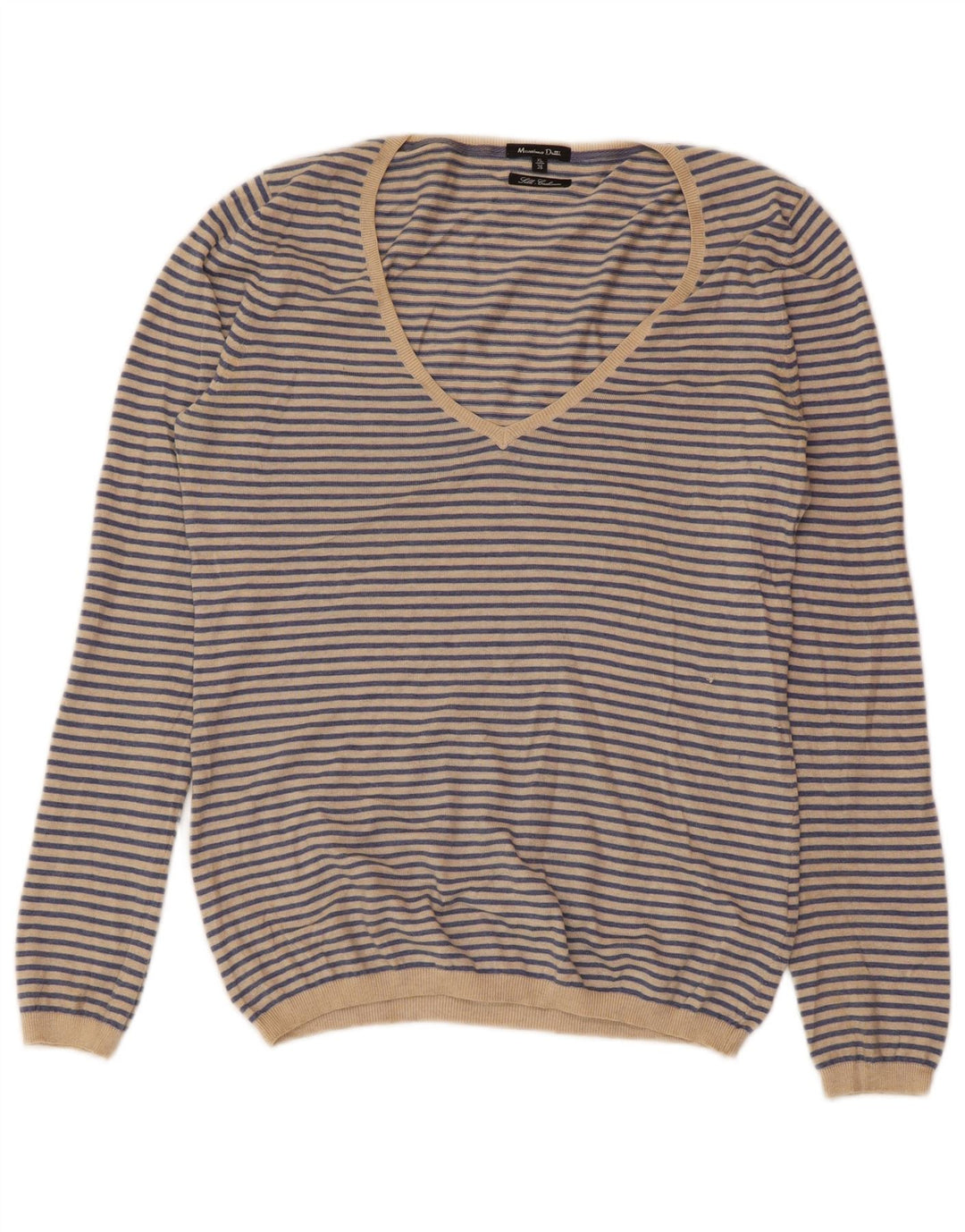 Suéter feminino MASSIMO DUTTI com decote em V Reino Unido 18 XL Caxemira listrada azul