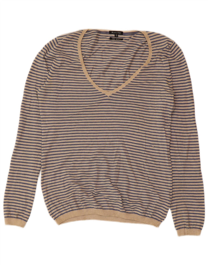 Suéter feminino MASSIMO DUTTI com decote em V Reino Unido 18 XL Caxemira listrada azul