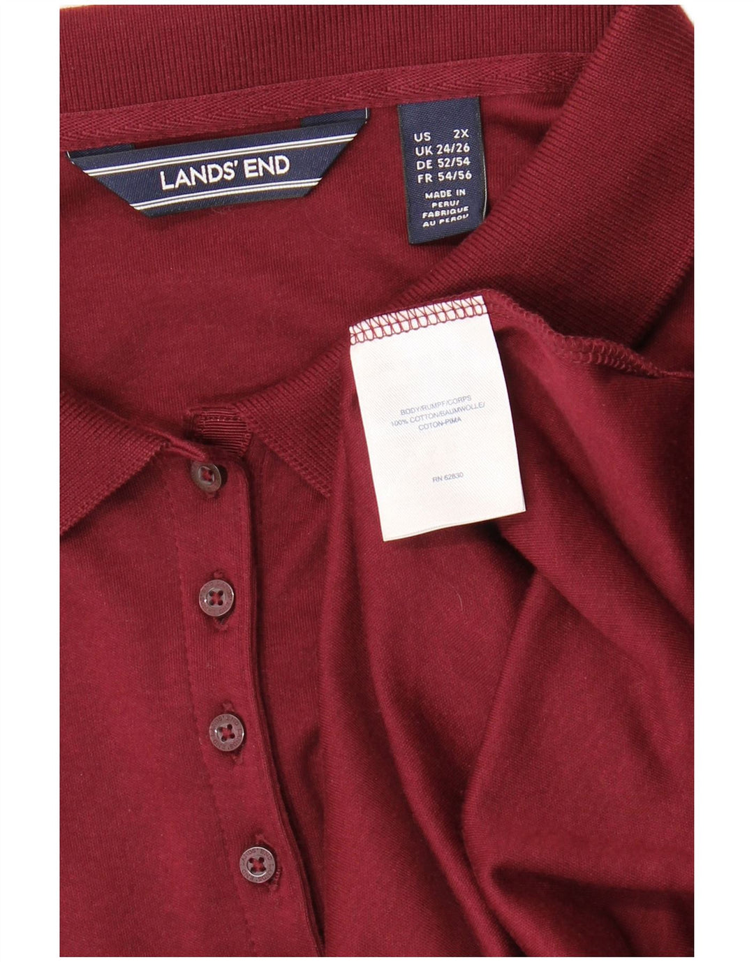 Camisa polo feminina de manga comprida LANDS END Reino Unido 24/26 2XL algodão Borgonha