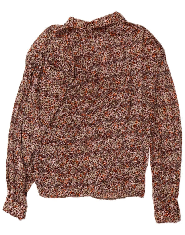 Blusa feminina vintage com botões duplos UK 16 grande marrom geométrica