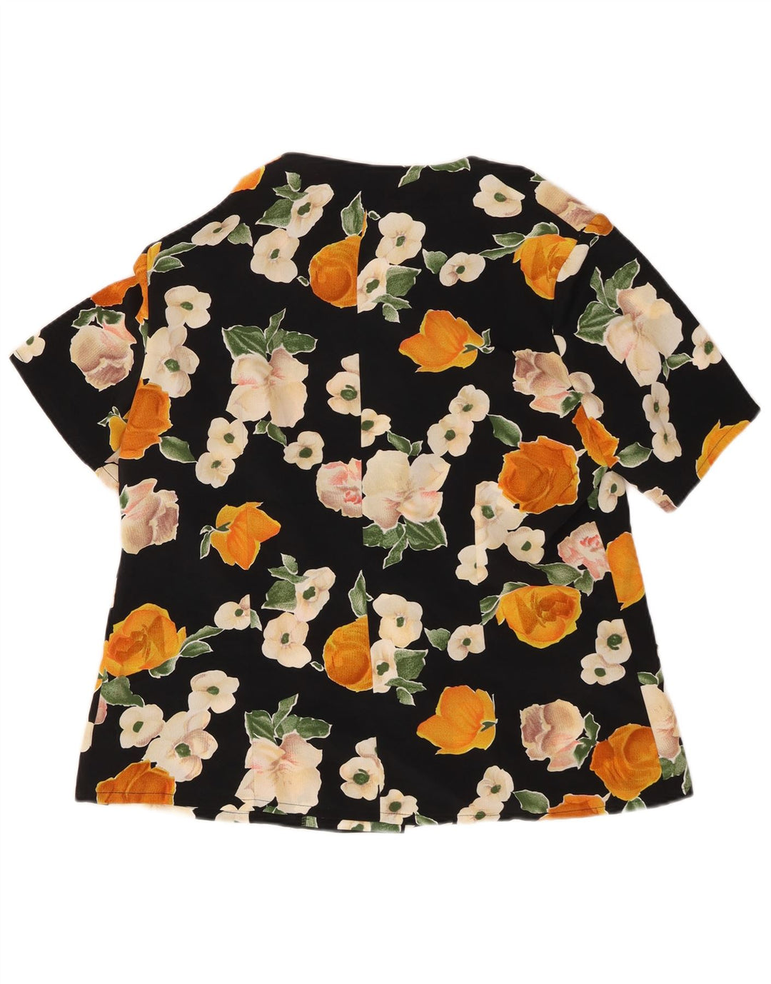 Blusa feminina VINTAGE de manga curta UK 16 grande preta floral