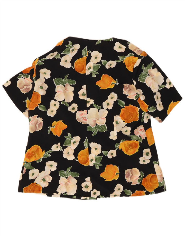 Blusa feminina VINTAGE de manga curta UK 16 grande preta floral