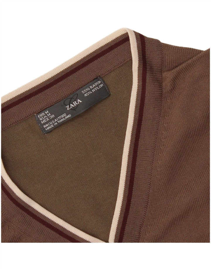 Suéter masculino Zara com decote em V, médio, marrom rayon