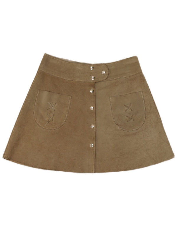 Minissaia feminina vintage de camurça W28 couro cáqui médio