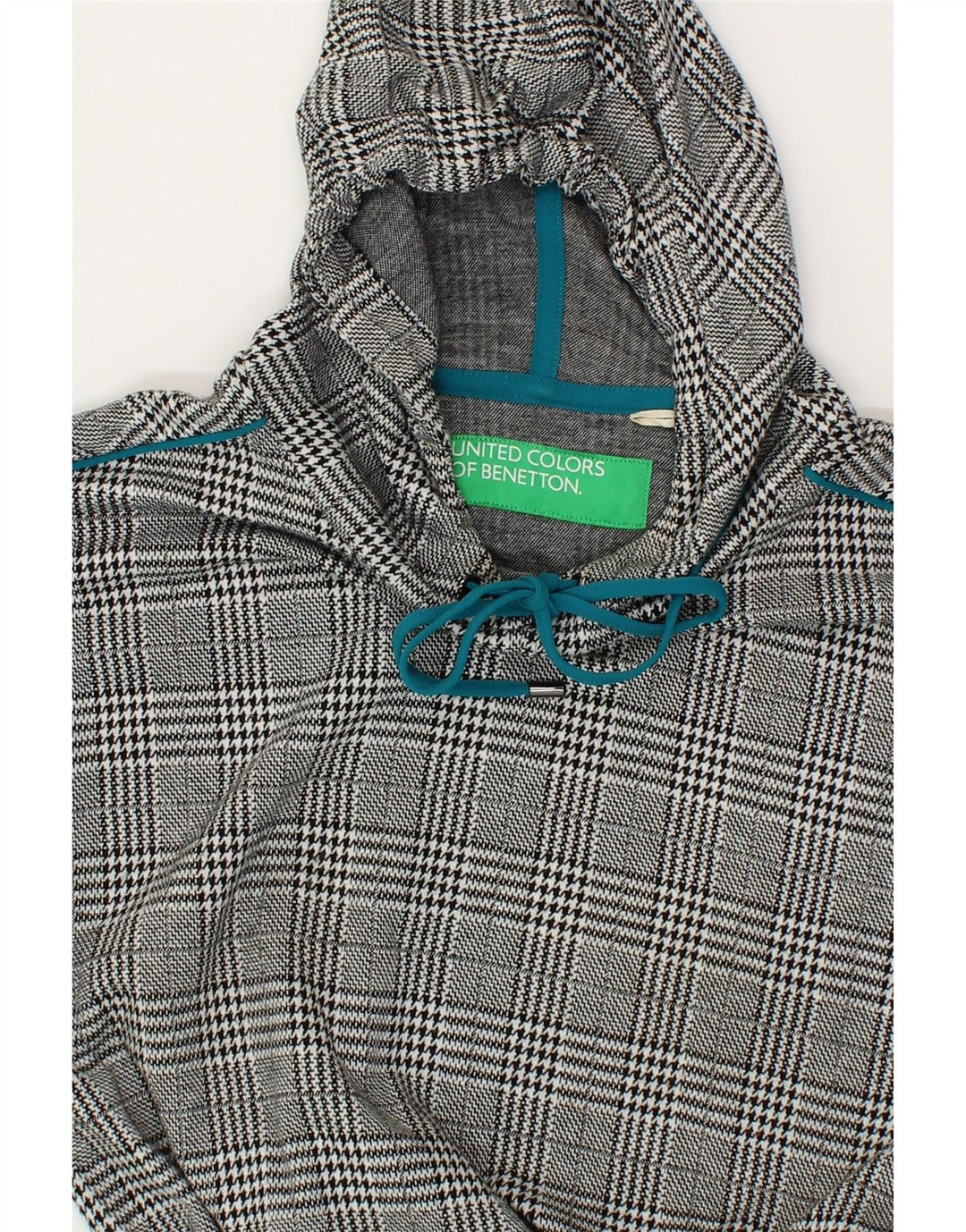BENETTON Womens Crop Oversized Hoodie Jumper UK 6 XS Grey Houndstooth Vintage Benetton and Second-Hand Benetton from Messina Hembry 