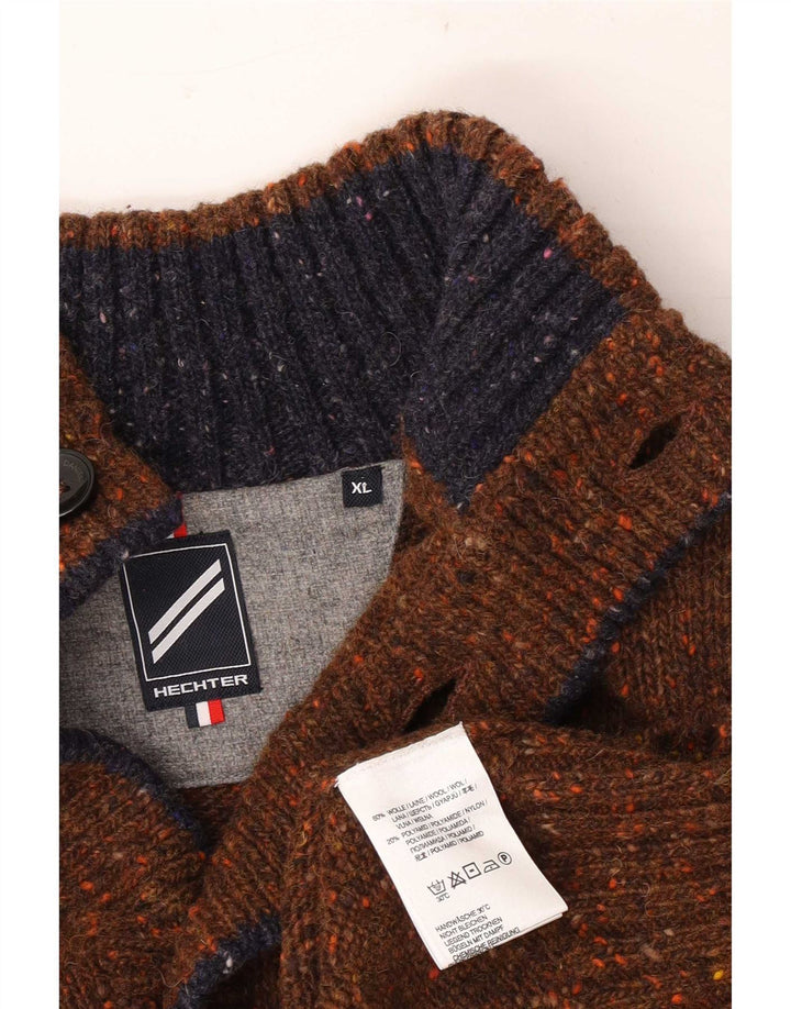 Suéter masculino vintage com decote em botão XL lã manchada marrom
