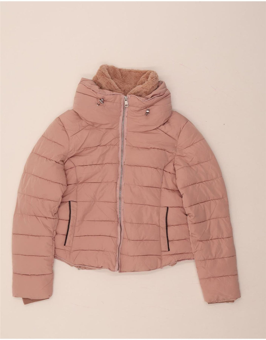 ZARA Jaqueta feminina acolchoada com capuz UK 18 XL rosa poliéster