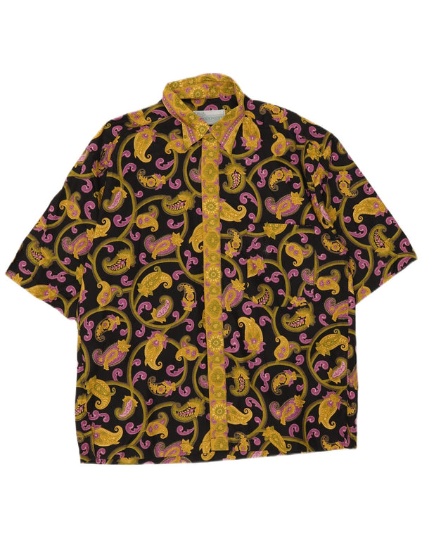 Camisa masculina vintage de manga curta, algodão Paisley preto médio