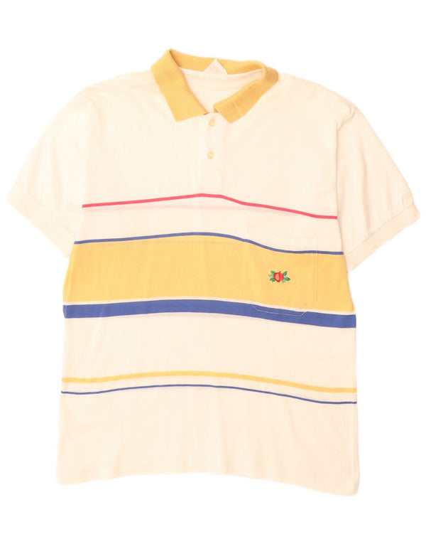 Camisa polo masculina VINTAGE de algodão listrado branco médio
