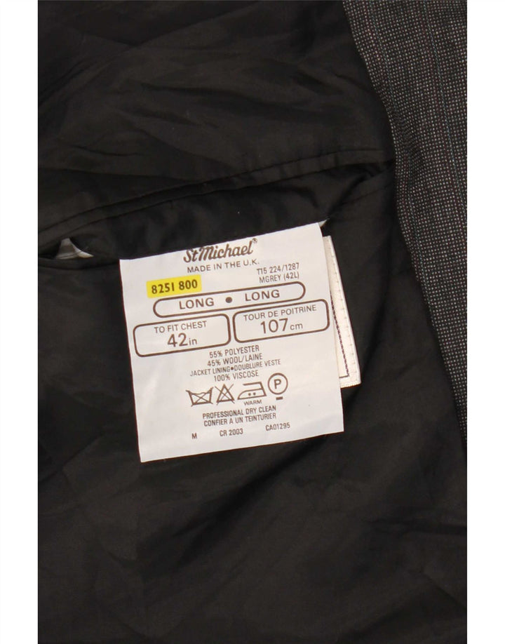 Jaqueta blazer masculina Marks & Spencer longa com 2 botões Reino Unido 42 poliéster cinza grande