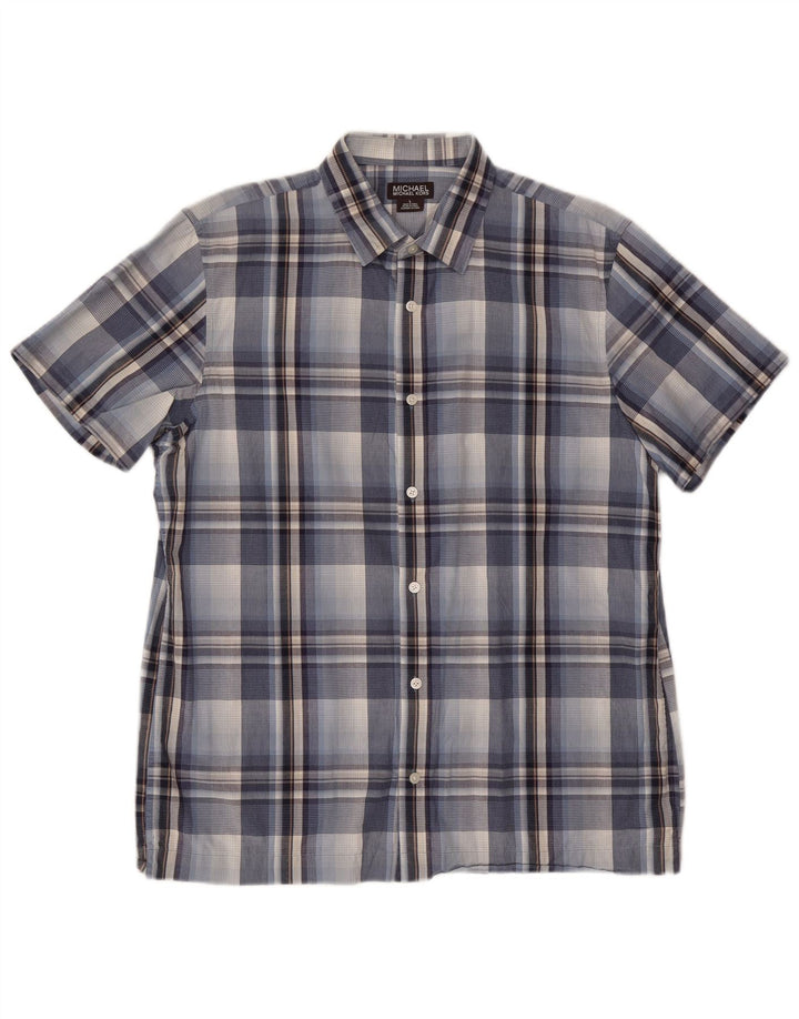MICHAEL KORS Camisa masculina de manga curta grande algodão xadrez azul