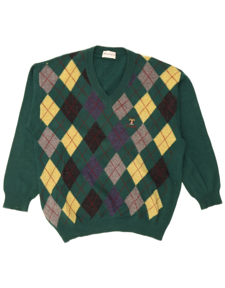 Suéter masculino Burlington com decote em V IT 52 grande verde argyle/lã diamante