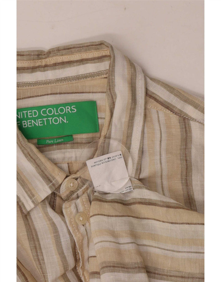 Camisa masculina Benetton de linho listrado bege médio
