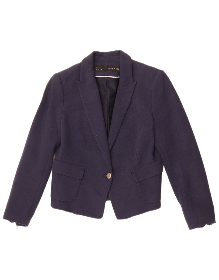 Jaqueta blazer feminina Zara crop 1 botão Reino Unido 14 grande algodão azul marinho