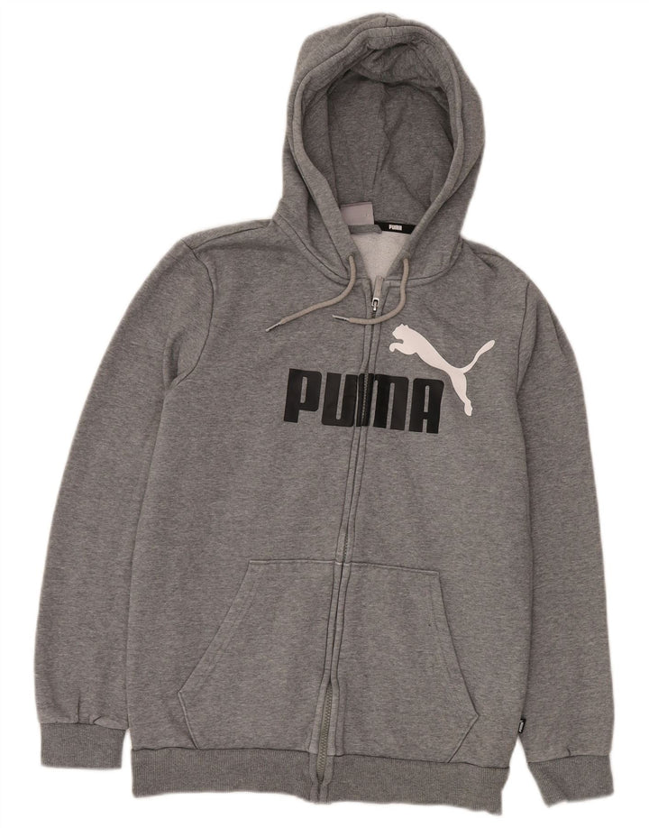 Suéter masculino PUMA com capuz e zíper gráfico pequeno cinza algodão esportivo